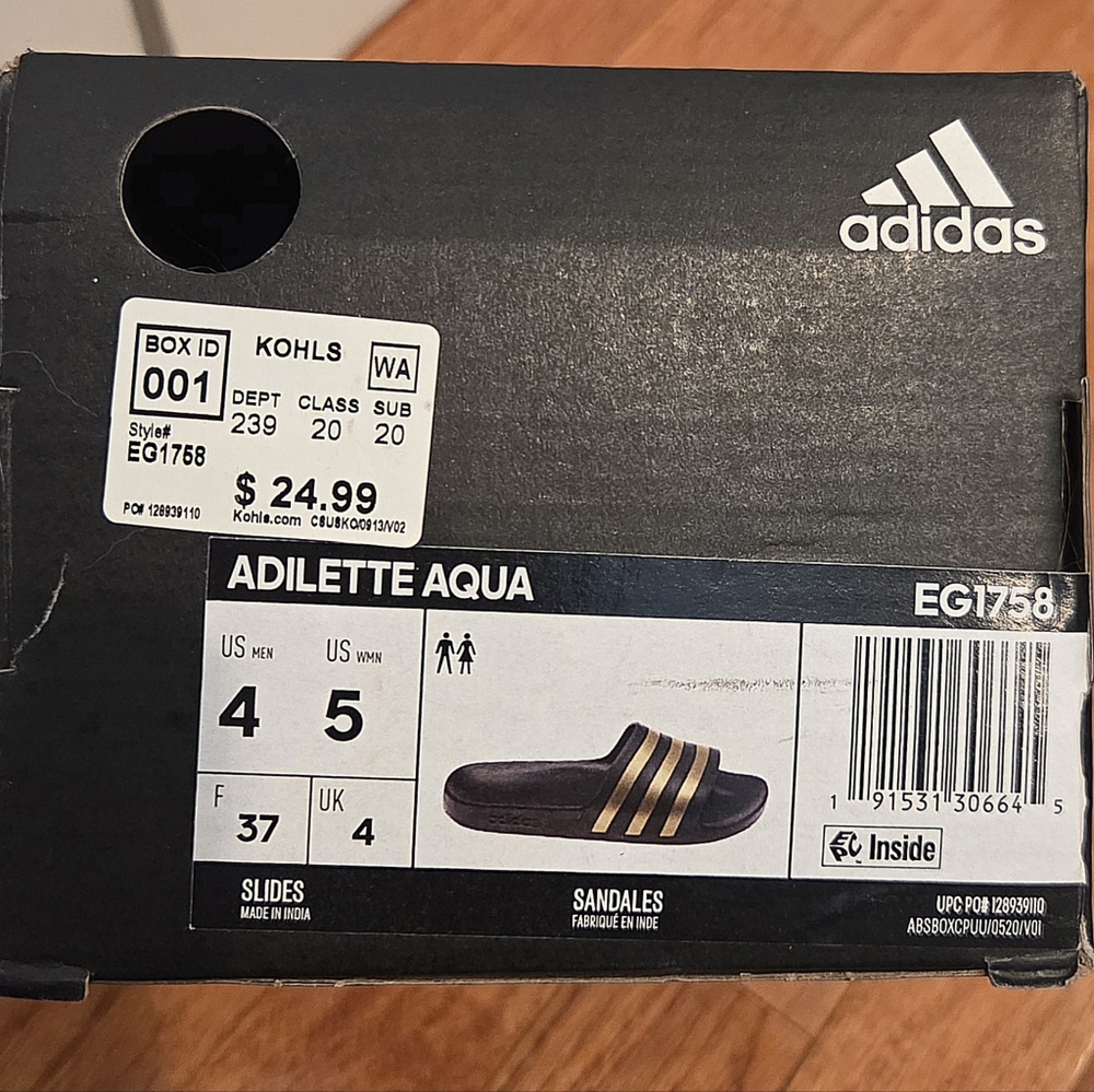 Adidas Black Slides with Gold Stripes - Picture 3 of 3